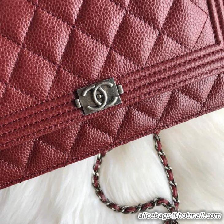 Best Grade Chanel Grained Leather Boy Wallet On Chain WOC Bag A80287 Burgundy Silver