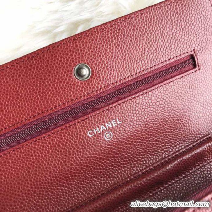 Best Grade Chanel Grained Leather Boy Wallet On Chain WOC Bag A80287 Burgundy Silver