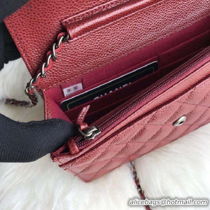 Best Grade Chanel Grained Leather Boy Wallet On Chain WOC Bag A80287 Burgundy Silver