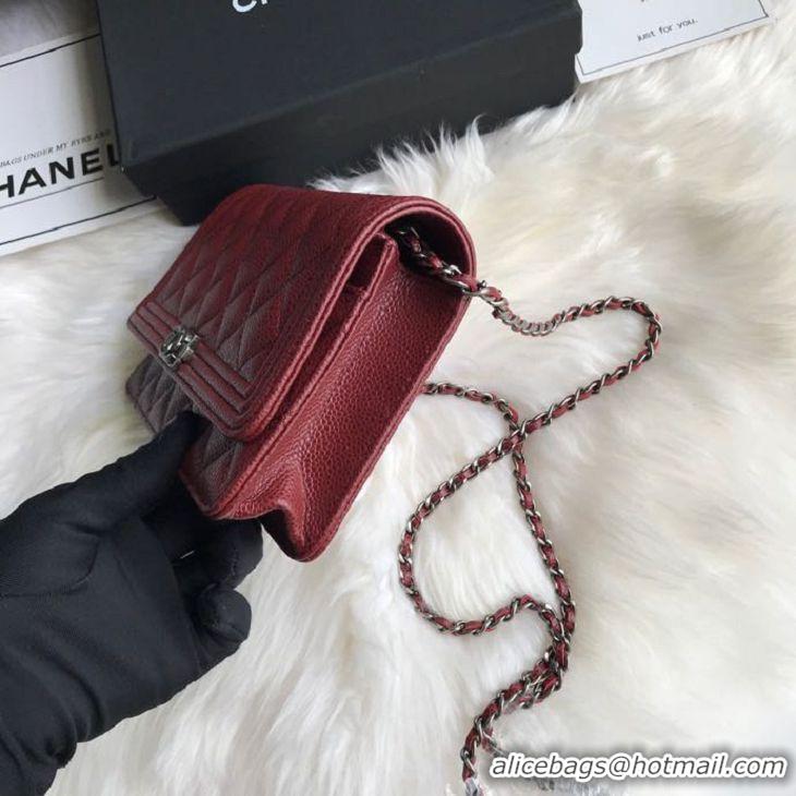 Best Grade Chanel Grained Leather Boy Wallet On Chain WOC Bag A80287 Burgundy Silver