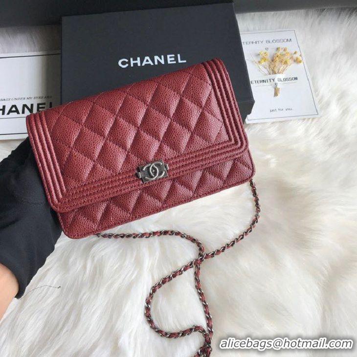 Best Grade Chanel Grained Leather Boy Wallet On Chain WOC Bag A80287 Burgundy Silver