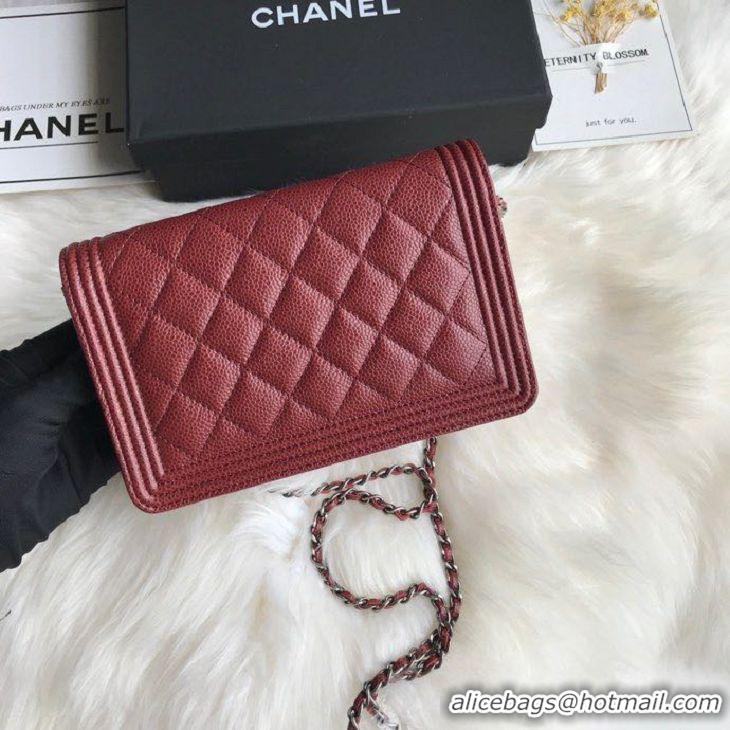 Best Grade Chanel Grained Leather Boy Wallet On Chain WOC Bag A80287 Burgundy Silver