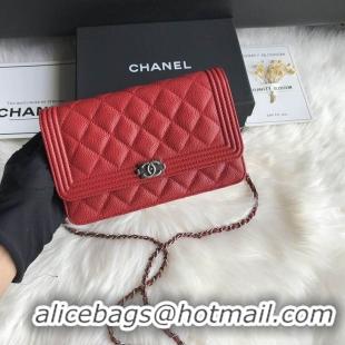 Top Quality Chanel Grained Leather Boy Wallet On Chain WOC Bag A80287 Red Silver