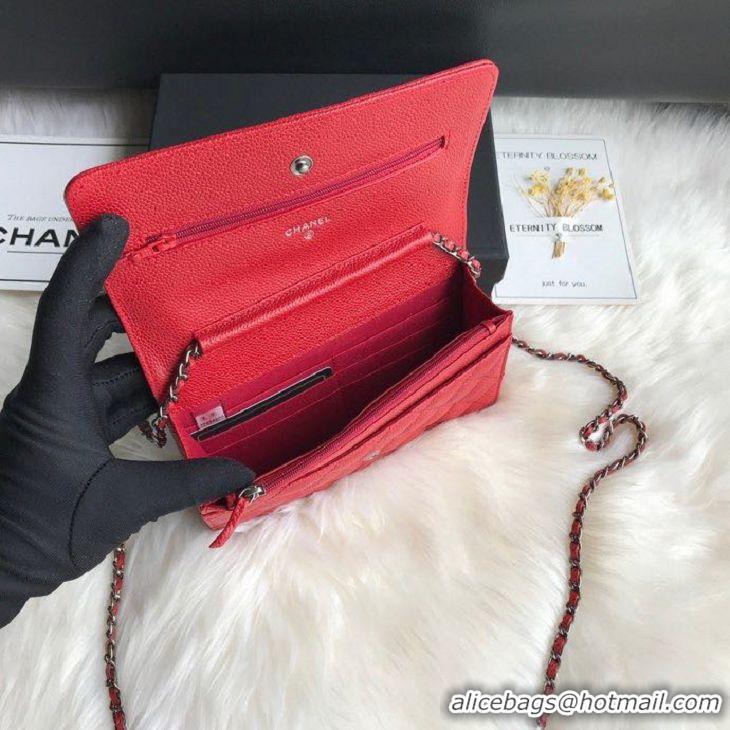 Top Quality Chanel Grained Leather Boy Wallet On Chain WOC Bag A80287 Red Silver