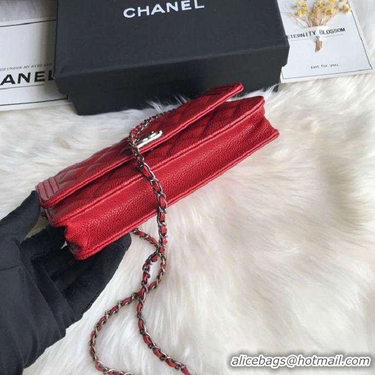 Top Quality Chanel Grained Leather Boy Wallet On Chain WOC Bag A80287 Red Silver