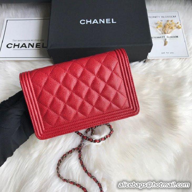 Top Quality Chanel Grained Leather Boy Wallet On Chain WOC Bag A80287 Red Silver