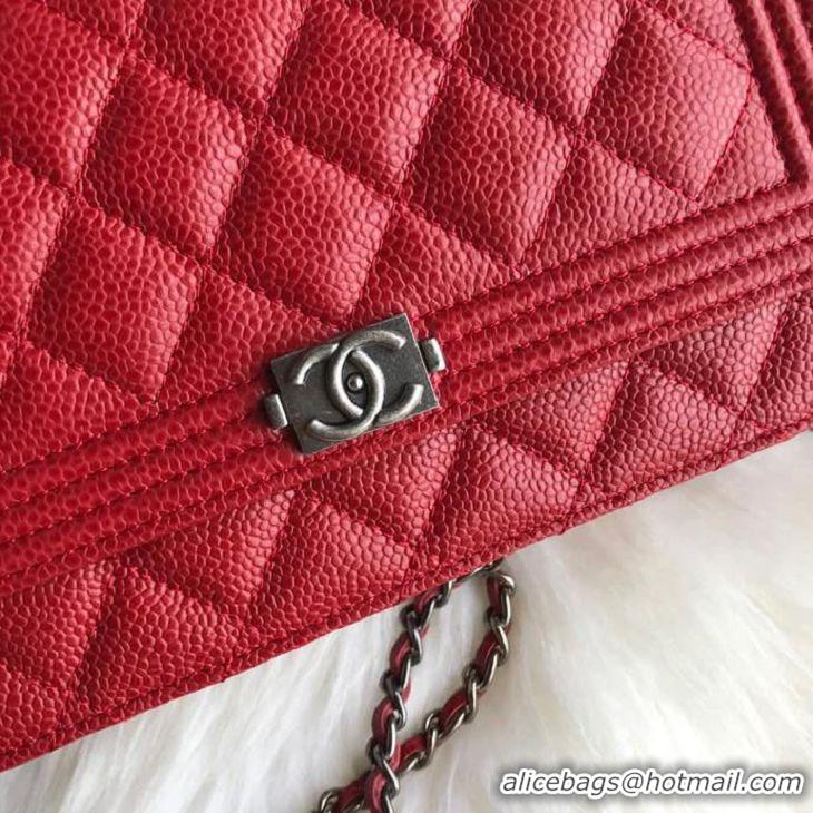 Top Quality Chanel Grained Leather Boy Wallet On Chain WOC Bag A80287 Red Silver