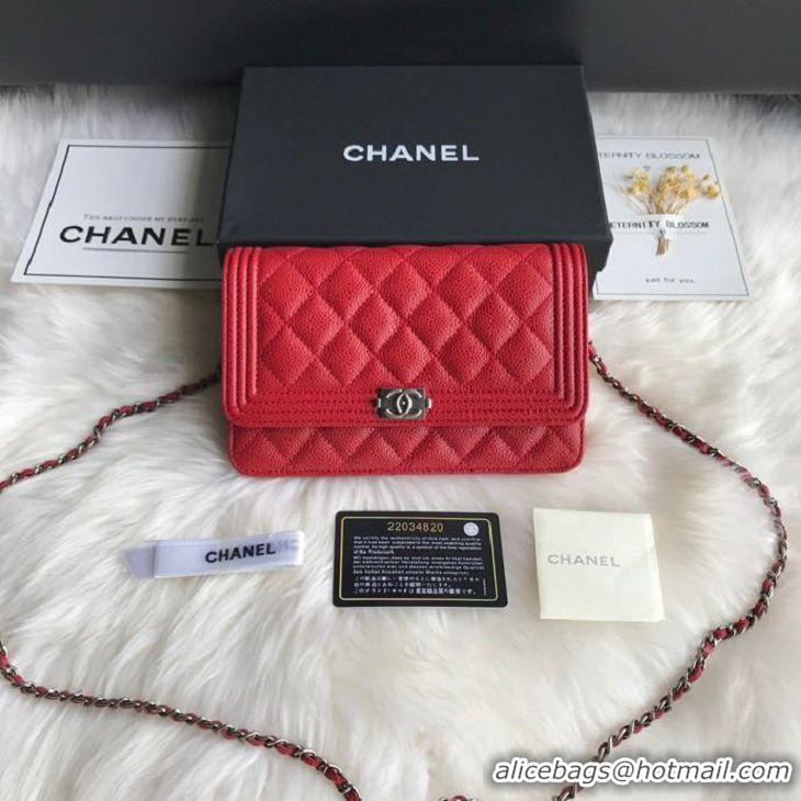 Top Quality Chanel Grained Leather Boy Wallet On Chain WOC Bag A80287 Red Silver