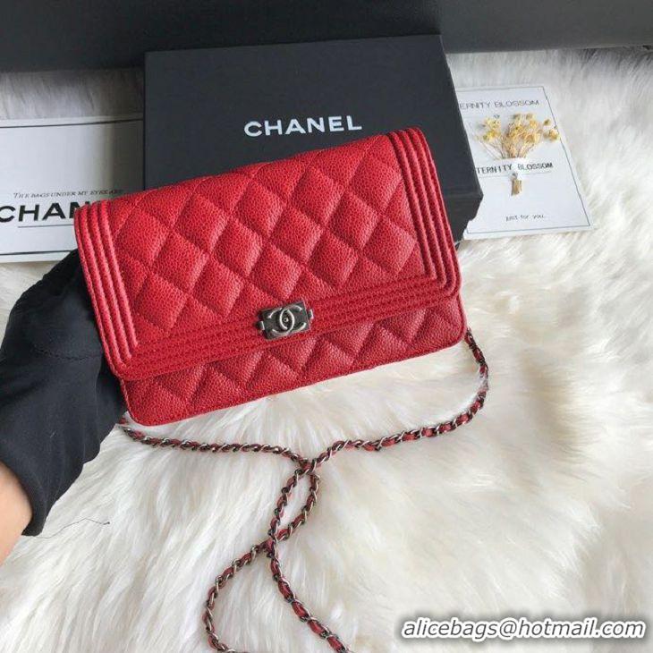 Top Quality Chanel Grained Leather Boy Wallet On Chain WOC Bag A80287 Red Silver