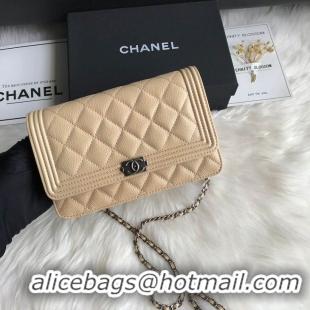 AAAAA Discount Chanel Grained Leather Boy Wallet On Chain WOC Bag A80287 Apricot Silver