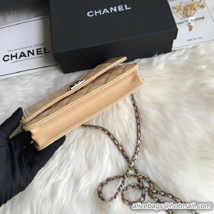 AAAAA Discount Chanel Grained Leather Boy Wallet On Chain WOC Bag A80287 Apricot Silver