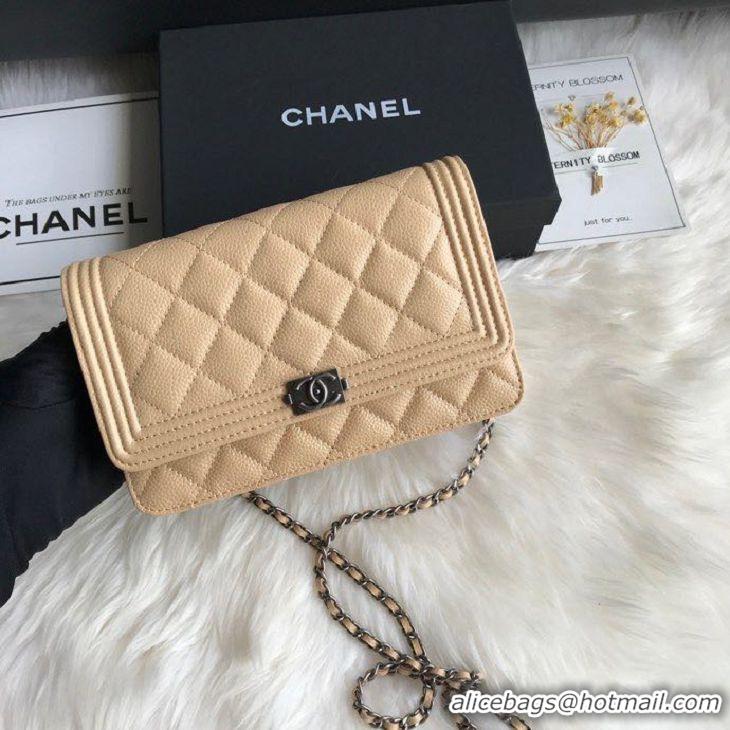 AAAAA Discount Chanel Grained Leather Boy Wallet On Chain WOC Bag A80287 Apricot Silver