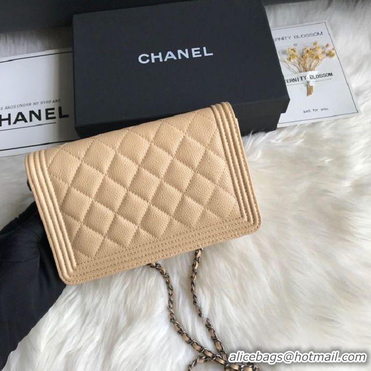 AAAAA Discount Chanel Grained Leather Boy Wallet On Chain WOC Bag A80287 Apricot Silver