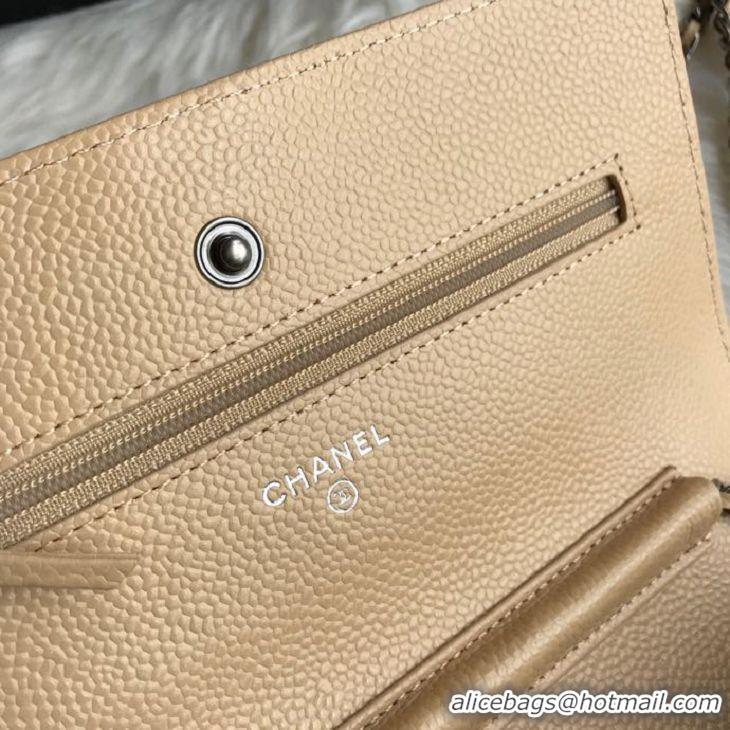 AAAAA Discount Chanel Grained Leather Boy Wallet On Chain WOC Bag A80287 Apricot Silver