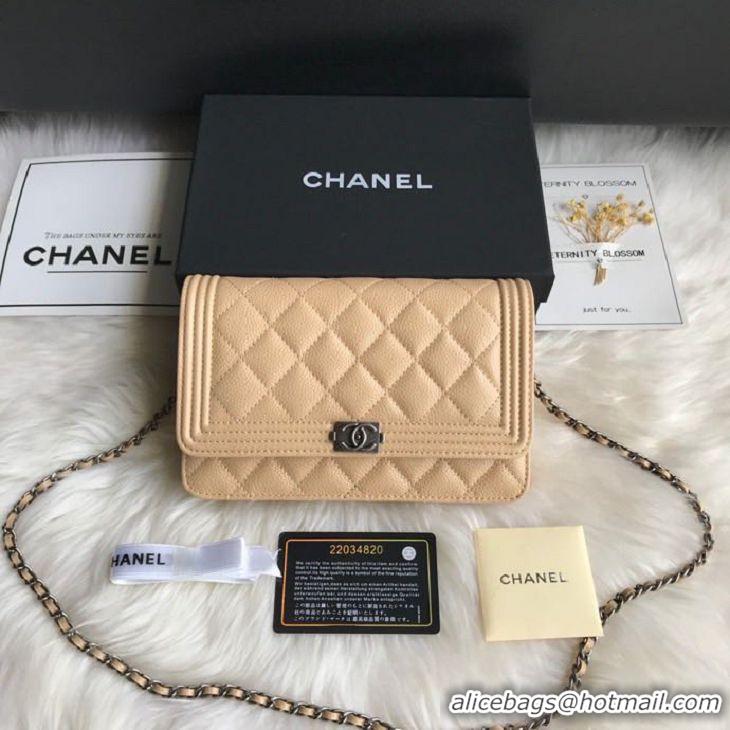 AAAAA Discount Chanel Grained Leather Boy Wallet On Chain WOC Bag A80287 Apricot Silver