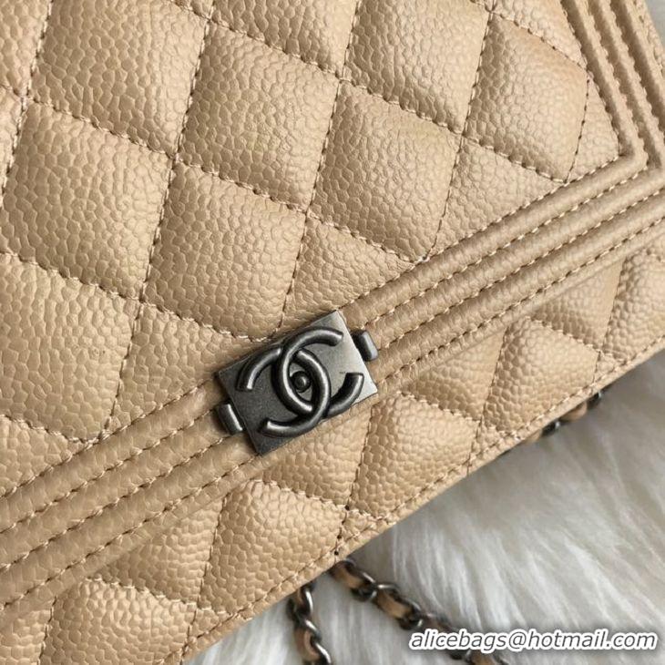 AAAAA Discount Chanel Grained Leather Boy Wallet On Chain WOC Bag A80287 Apricot Silver