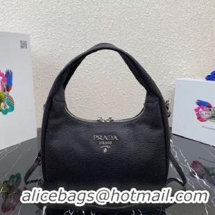 AAAAA Discount Prada Original Grain Leather With Chip Version Hobo Bag 1BC133 Black