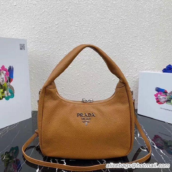 Top Quality Prada Original Grain Leather With Chip Version Hobo Bag 1BC133 Light Brown