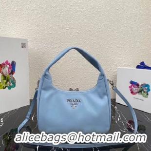 New Style Prada Original Grain Leather With Chip Version Hobo Bag 1BC133 Light Blue