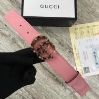 Grade Gucci Leather belt with crystal Double G buckle 480199 pink