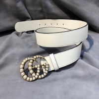 Perfect Gucci 3.5cm leather belt with pearl Double G 453261 white