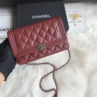 Best Grade Chanel Grained Leather Boy Wallet On Chain WOC Bag A80287 Burgundy Silver