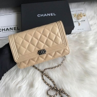 AAAAA Discount Chanel Grained Leather Boy Wallet On Chain WOC Bag A80287 Apricot Silver