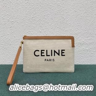 Classic Hot Celine CLUTCHES LARGE POUCH IN COTTON WITH CELINE PRINT AND CALFSKIN 100672 BROWN