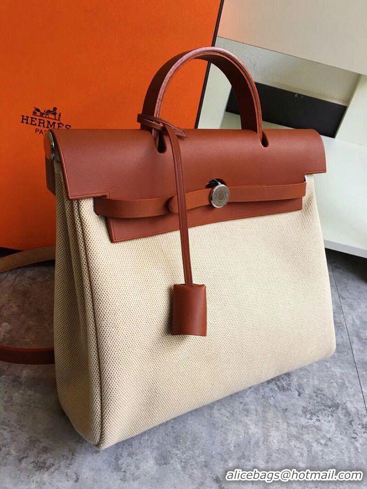 Fashion Hermes Herbag 31CM Original Canvas Leather & Calfskin 45987 brown&white