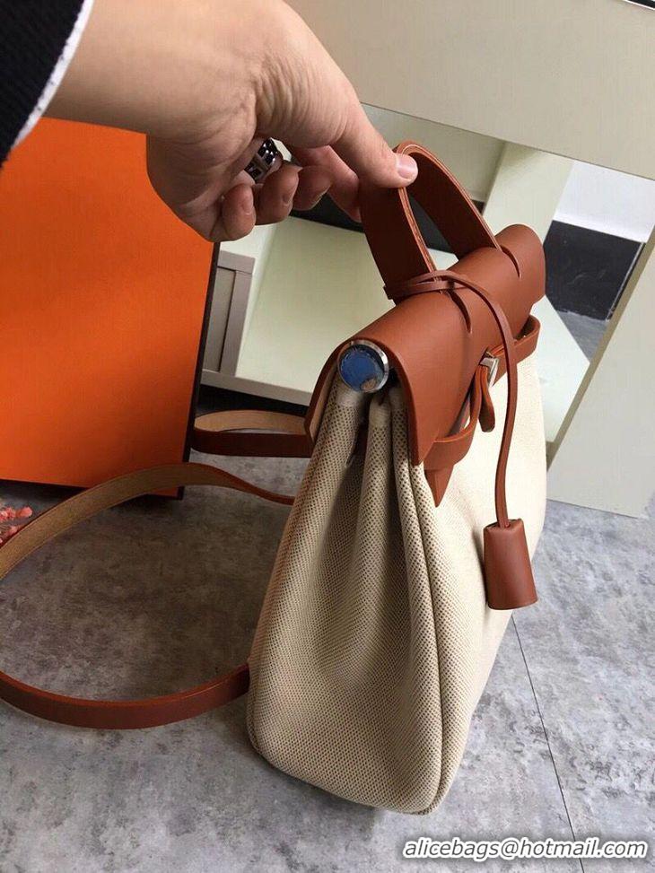 Fashion Hermes Herbag 31CM Original Canvas Leather & Calfskin 45987 brown&white