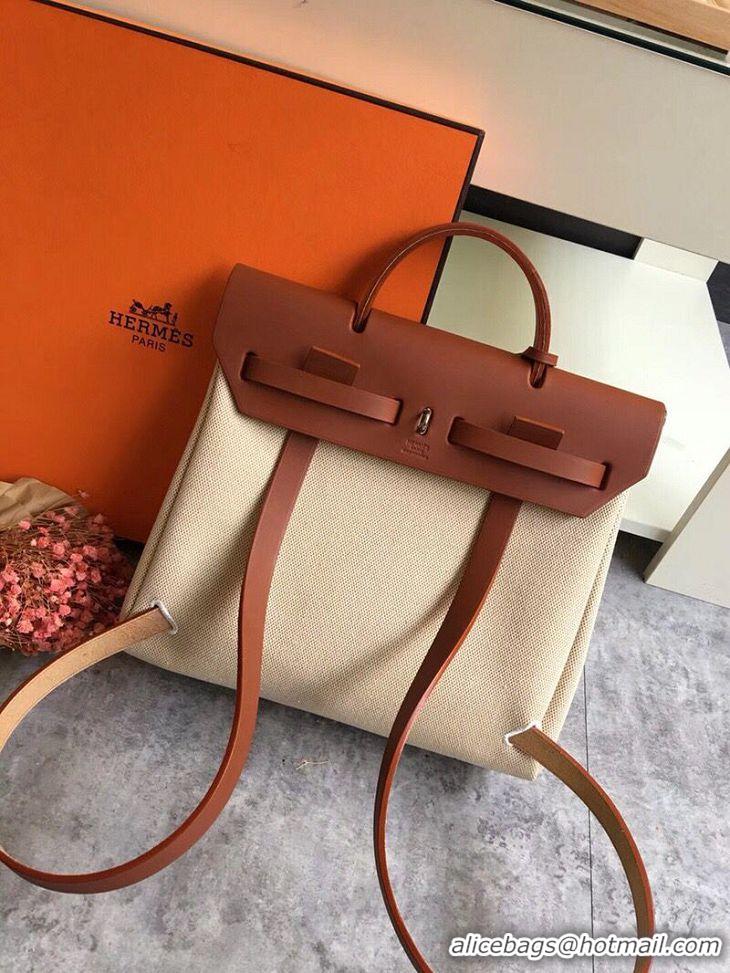 Fashion Hermes Herbag 31CM Original Canvas Leather & Calfskin 45987 brown&white