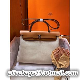 Good Looking Hermes Herbag 31CM Original Canvas Leather & Calfskin 45988 brown&white