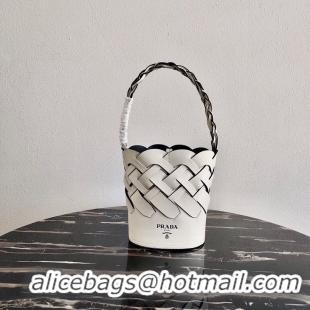 Low Price Prada Original Leather Woven Pattern Bucket Bag 1BG049 White