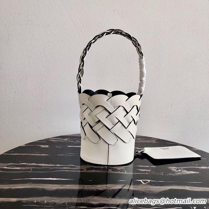 Low Price Prada Original Leather Woven Pattern Bucket Bag 1BG049 White