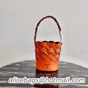 Purchase Prada Original Leather Woven Pattern Bucket Bag 1BG049 orange