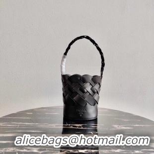 Good Quality Prada Original Leather Woven Pattern Bucket Bag 1BG049 black