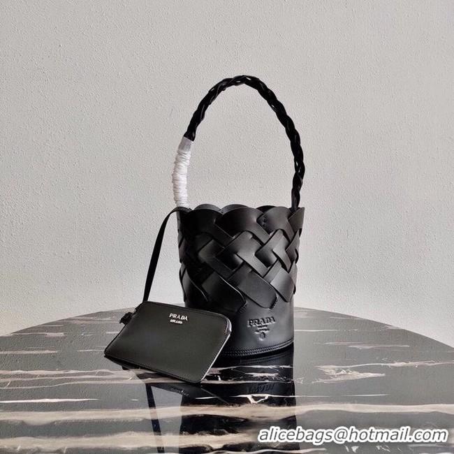 Good Quality Prada Original Leather Woven Pattern Bucket Bag 1BG049 black