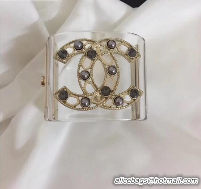 Low Price Chanel Resin Cutout Pearl CC Cuff Bracelet CC1626 Black 2019