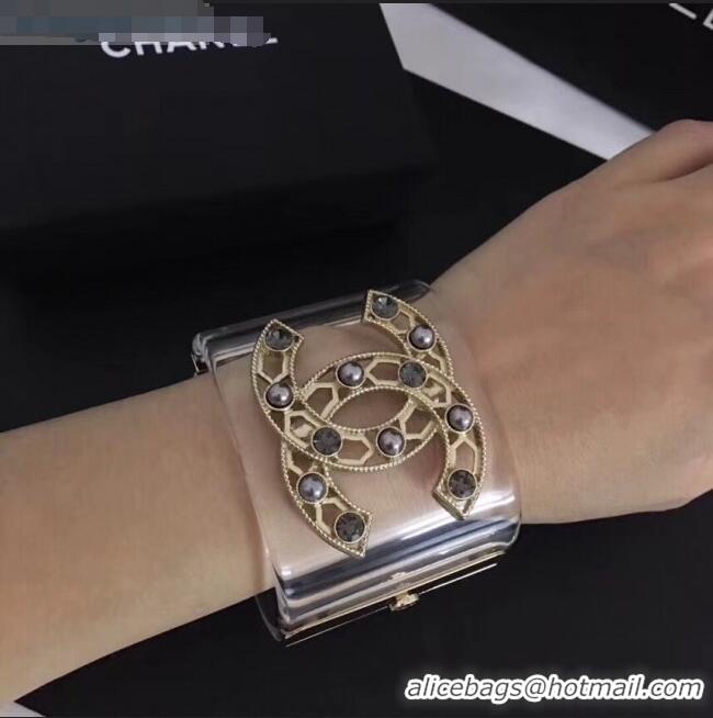 Low Price Chanel Resin Cutout Pearl CC Cuff Bracelet CC1626 Black 2019