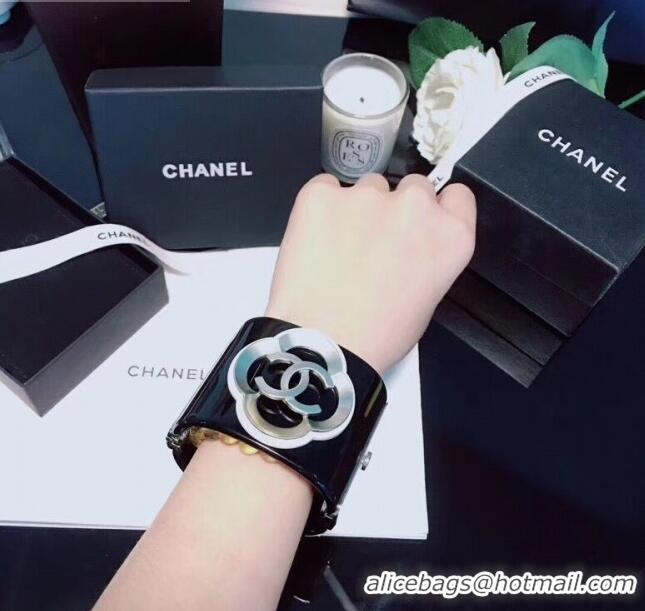 Best Quality Chanel Resin Camellia Bloom Cuff Bracelet CC1633 Black 2019