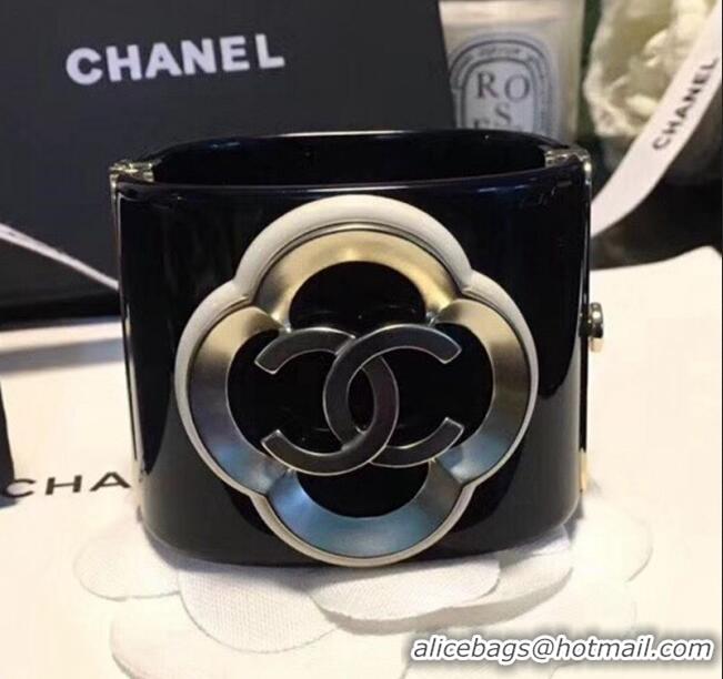 Best Quality Chanel Resin Camellia Bloom Cuff Bracelet CC1633 Black 2019