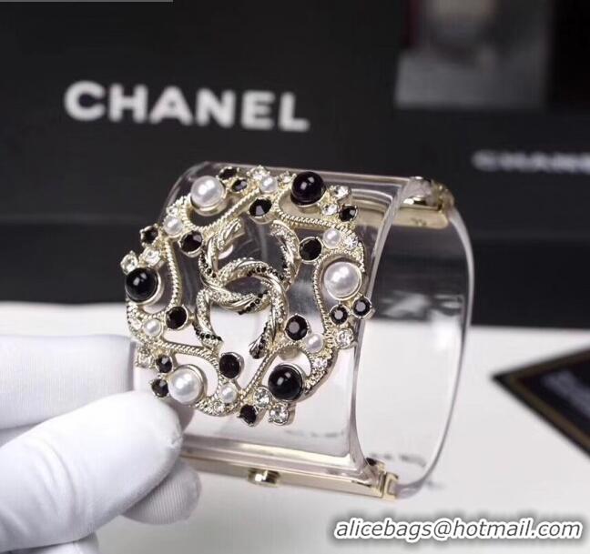 Low Cost Chanel Resin CC Bloom Crystal Cuff Bracelet CC1635 Black 2019