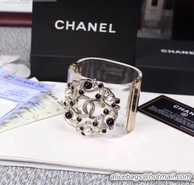 Low Cost Chanel Resin CC Bloom Crystal Cuff Bracelet CC1635 Black 2019