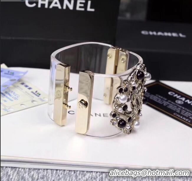 Low Cost Chanel Resin CC Bloom Crystal Cuff Bracelet CC1635 Black 2019