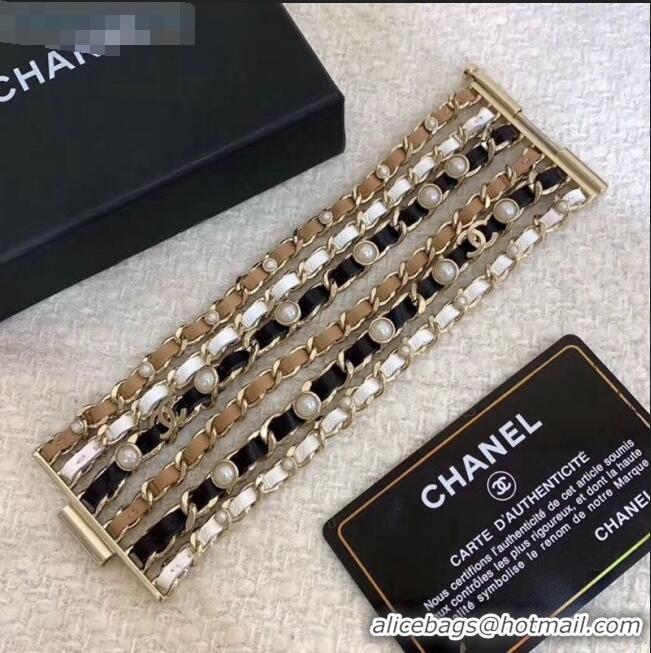 Most Popular Chanel Chain Leather Cuff Bracelet AB3282 Black/Gold 2020