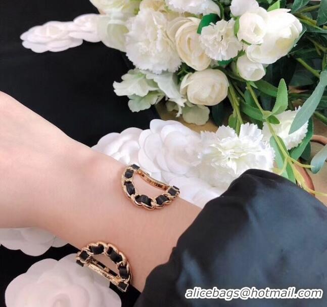 Most Popular Chanel Chain Leather Cuff Bracelet AB3282 Black/Gold 2020