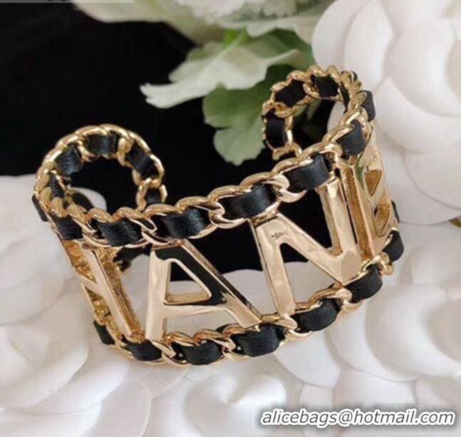 Most Popular Chanel Chain Leather Cuff Bracelet AB3282 Black/Gold 2020