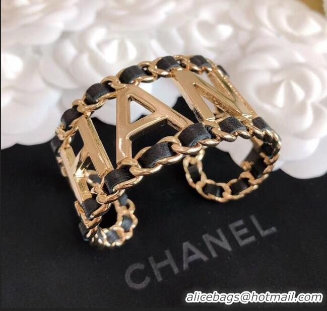 Most Popular Chanel Chain Leather Cuff Bracelet AB3282 Black/Gold 2020