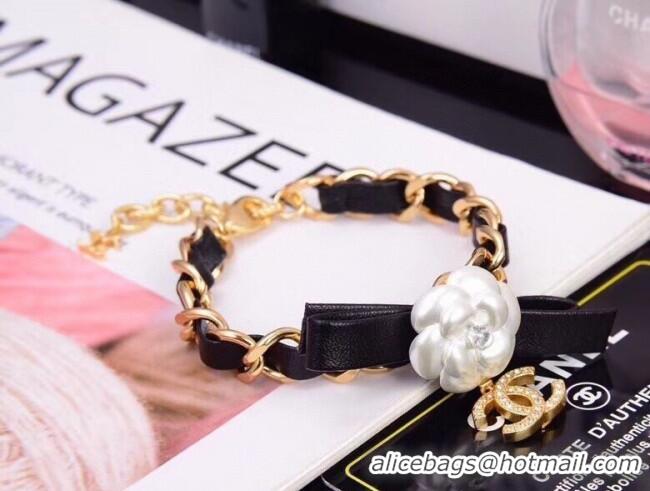 New Cheap Chanel Chain Short Bracelet with Bow and Camellia AB4467 Black/Gold/White 2020