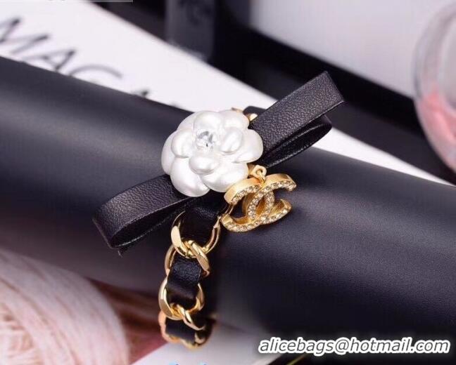 New Cheap Chanel Chain Short Bracelet with Bow and Camellia AB4467 Black/Gold/White 2020